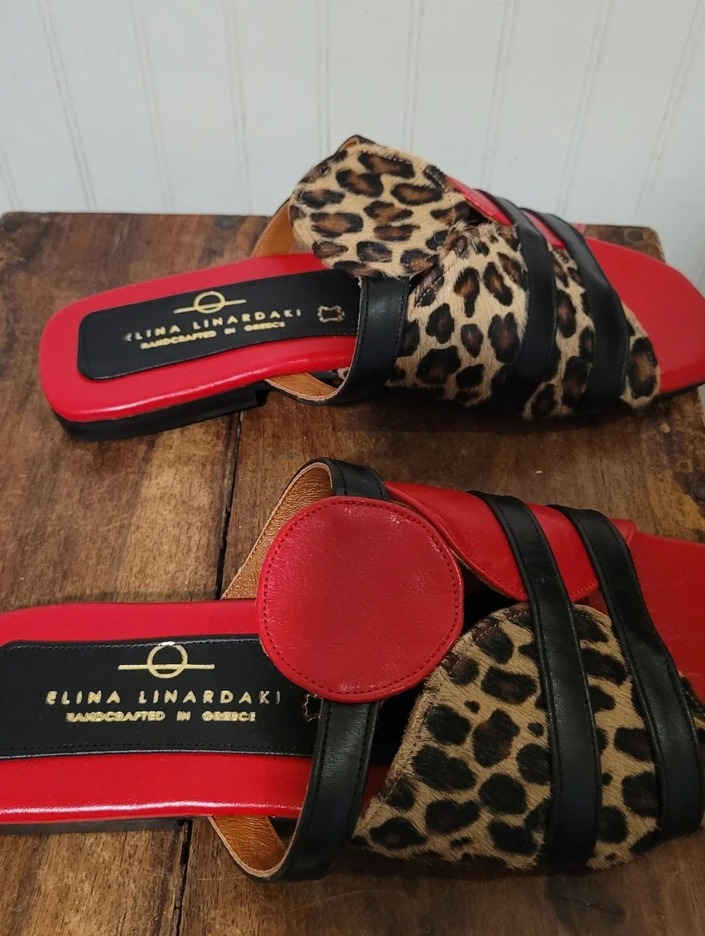 Elina Linardaki Lucia Red Leather Leopard Calf Hair Slide Sandals EU 40 US 9